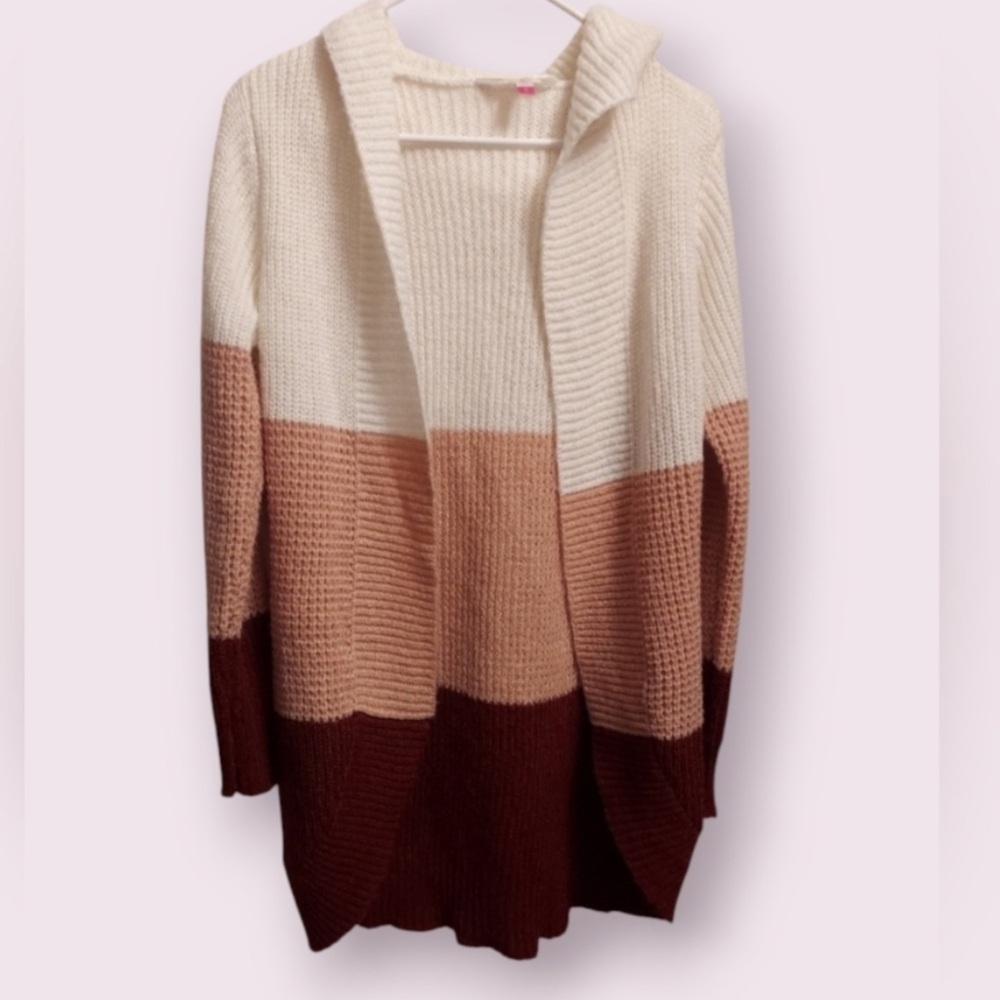 Women’s hooded knitted Cardigan Size XS No Boundaries sweater pink white